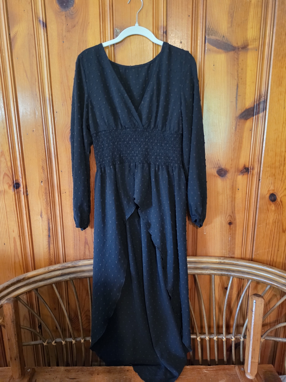 SHEIN Black Short Sleeve-Look Smocked Waist High Low Shirt